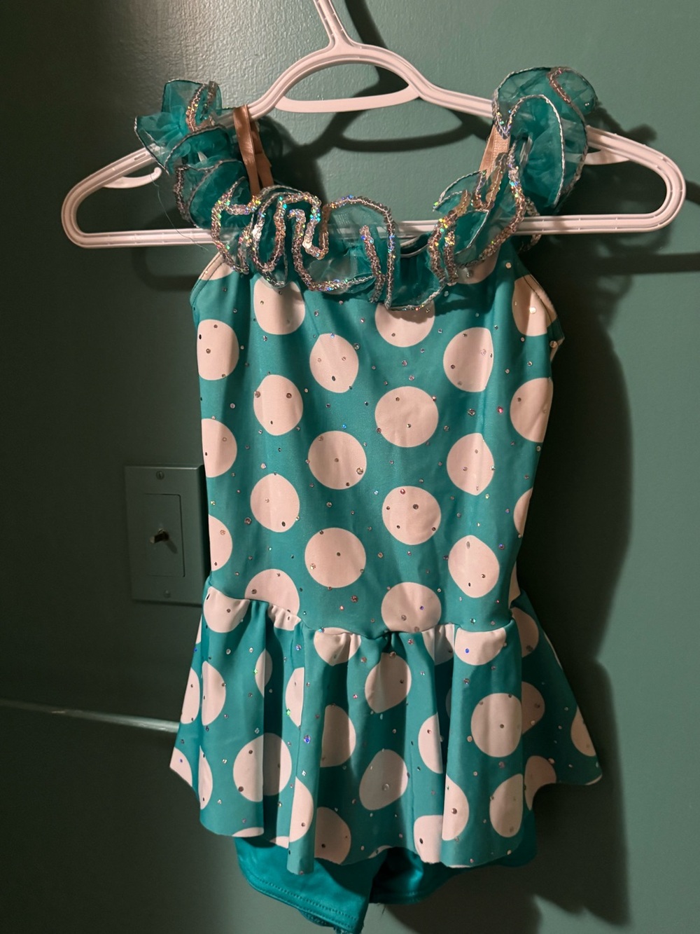Girls Teal Polka Dot Ruffled dance leotard